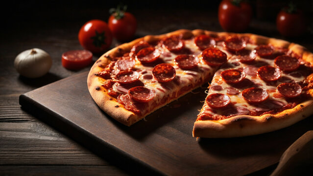 
image that embodies the indulgence of a pepperoni pizza slice on a dark wooden table focus on the interplay of shadows and highlights, bringing out the warmth and richness of the pizza.