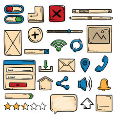 Set of vector web design elements for a website. Icons, objects and symbols hand drawn in sloppy doodle style