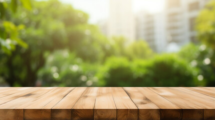 empty wooden table with blur montage outdoor garden background