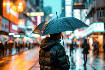 A solitary figure with an umbrella walks on a rainy city street at night, surrounded by neon light reflections.