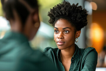A young African American woman with a natural afro hairstyle, wearing a green shirt, engaging in a conversation outdoors.