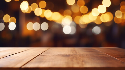 Christmas background design with empty wooden table top on blur light golden bokeh background