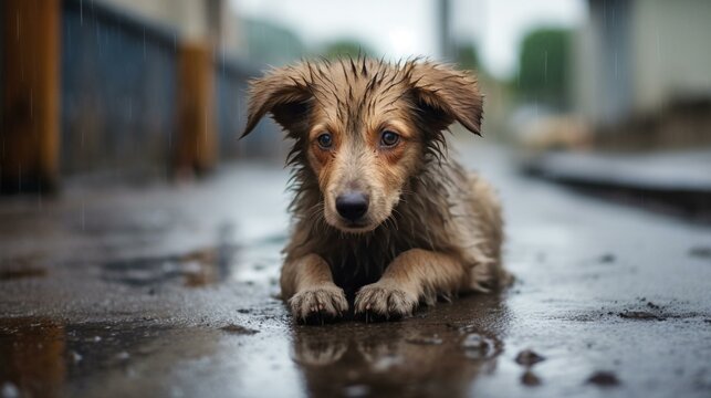 Stray homeless dog sitting alone in the street under rain