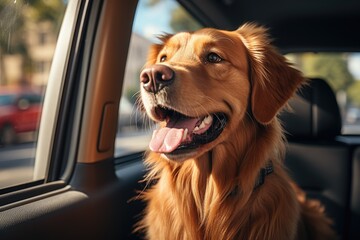 Cute dog sit in the car on the front seat. Dog enjoying from traveling by car. Dog looking through window on road. Closeup