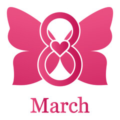 Illustration of International Day the eighth of March in the form of a pink butterfly on a white background.