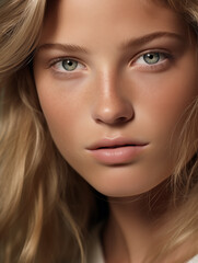 Beautiful young woman with blond hair and blue eyes. Natural beauty close-up of a top model with glowing healthy skin
