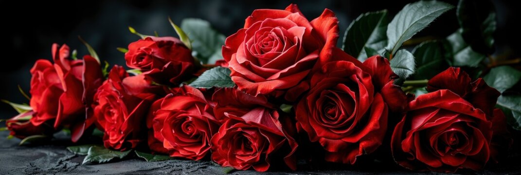 Beautiful Red Blooming Roses On Black, Banner Image For Website, Background, Desktop Wallpaper