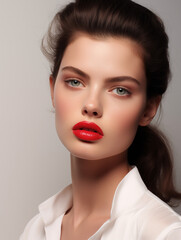 Beautiful young woman with blue eyes and red lipstick. Natural beauty close-up of a top model with glowing healthy skin