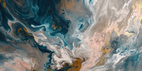 Abstract composition featuring swirling paint in shades of gold, and silver blue, expertly crafted in the style of dark black and dark beige.