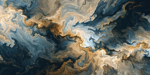 Abstract composition featuring swirling paint in shades of gold, and silver blue, expertly crafted in the style of dark black and dark beige.