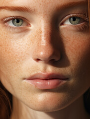 Fototapeta premium Portrait of a beautiful young woman with blue eyes, ginger hair, freckles, skin details. Natural beauty close-up of a cute model