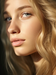 Fototapeta premium Beautiful young woman with blond hair and blue eyes. Natural beauty close-up of a top model with glowing healthy skin