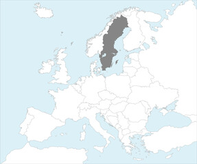 Gray CMYK national map of SWEDEN inside detailed white blank political map of European continent on blue background using Mollweide projection