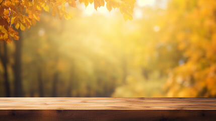 Naklejka na ściany i meble Autumn background Empty old rustic wood table with blurred background