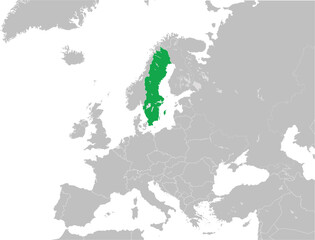 Green CMYK national map of SWEDEN inside detailed gray blank political map of European continent with lakes on transparent background using Mercator projection