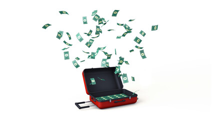 3D Rendering, Realistic banknotes flying out the red suitcase mock up, isolated white color background.