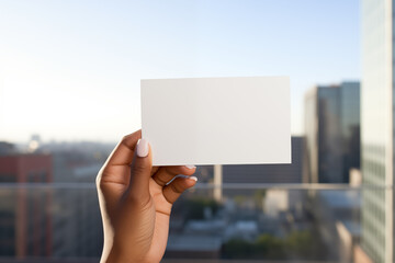 Holding up a empty white business card by female hands - obrazy, fototapety, plakaty
