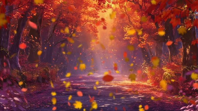 natural scenery in the fall with a path in the middle of the forest. Seamless looping 4k time-lapse virtual video animation background 