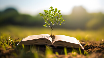 Opened book with growing tree in the spring on a meadow with grass. Concept of education, knowledge...