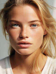 Naklejka premium Beautiful young woman with blond hair and blue eyes. Natural beauty close-up of a top model with glowing healthy skin