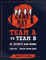 VECTORS. Poster template for an American Football Game Day. Invitation, flyer, ad, watch party, sports bar, orange, dark navy, bear claw, vintage