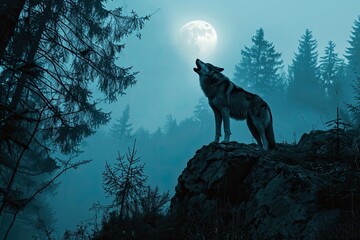 werewolf howling at the moon in a forest howling wolf