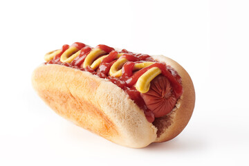 Hot dog with ketchup and mustard, isolated on white background