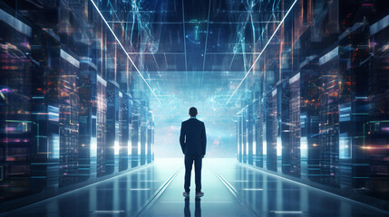 Futuristic Concept Data Centre. Technology Officer Standing In Warehouse, Information Digitalization Lines Streaming Through Servers. SAAS, Cloud Computing, Web Service  - obrazy, fototapety, plakaty