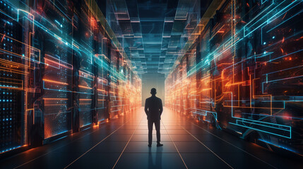 Fototapeta na wymiar Futuristic Concept Data Centre. Technology Officer Standing In Warehouse, Information Digitalization Lines Streaming Through Servers. SAAS, Cloud Computing, Web Service 
