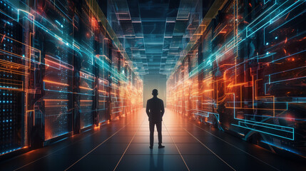 Obraz premium Futuristic Concept Data Centre. Technology Officer Standing In Warehouse, Information Digitalization Lines Streaming Through Servers. SAAS, Cloud Computing, Web Service 