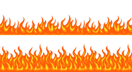 Fire flame horizontal seamless border. Set of fire background. Vector cartoon flat illustration.