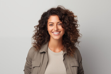 Obraz premium Photo of an happy woman wearing casual clothes. Portrait. Isolated on a grey background.