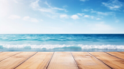 Wood table top on blur sparkling sea water and summer with bright blue sky