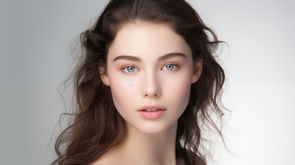 Fototapeta premium Beautiful teen girl with blue eyes, black curly hair, naive facial expression close-up. Natural beauty with glowing healthy skin. Advertising of cosmetics, perfumes