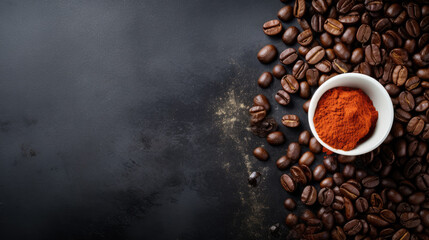 coffee beans , Coffee cup and cinnamon on dark background. copy space for text