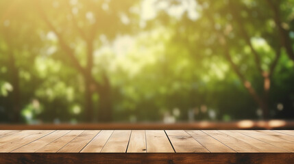 Wooden board empty table blurred background.