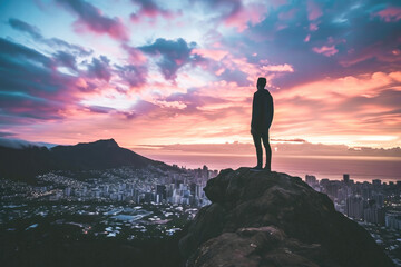 A lone hiker stands on a mountain peak overlooking a cityscape against a dramatic sunset sky with vibrant colors.