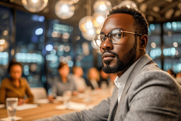 Fototapeta premium Serious African American businessman in a meeting with colleagues in the background.