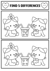 Saint Valentine kawaii black and white find differences game. Attention skills activity with cat couple drinking bubble tea with heart. Love holiday coloring page for kids. Printable worksheet.