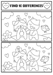 Saint Valentine kawaii black and white find differences game. Attention skills activity with scene with cat couple. Love holiday puzzle, coloring page for kids. Printable what is different worksheet.