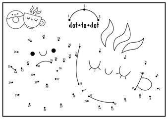 Vector Saint Valentine dot-to-dot and color activity with cute kawaii cup and donut. Love holiday connect the dots game with funny character. Coloring page for kids. Printable worksheet.