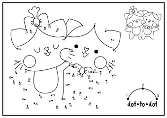 Vector Saint Valentine dot-to-dot and color activity with cute kawaii cat couple. Love holiday connect the dots game with funny character. Coloring page for kids. Printable worksheet.