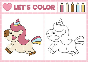 Saint Valentine coloring page for children with cute kawaii unicorn with heart. Vector love holiday outline illustration. Color book for kids with colored example. Drawing skills worksheet.