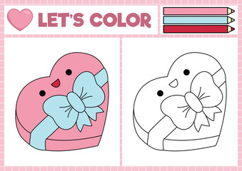 Saint Valentine coloring page for children with cute kawaii heart shaped sweet box. Vector love holiday outline illustration. Color book for kids with colored example. Drawing skills worksheet.