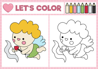 Saint Valentine coloring page for children with cute kawaii cupid with bow, arrow. Vector love holiday outline illustration. Color book for kids with colored example. Drawing skills worksheet.