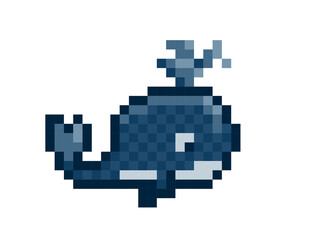 The symbol of pixel whale in the blue sea. 
