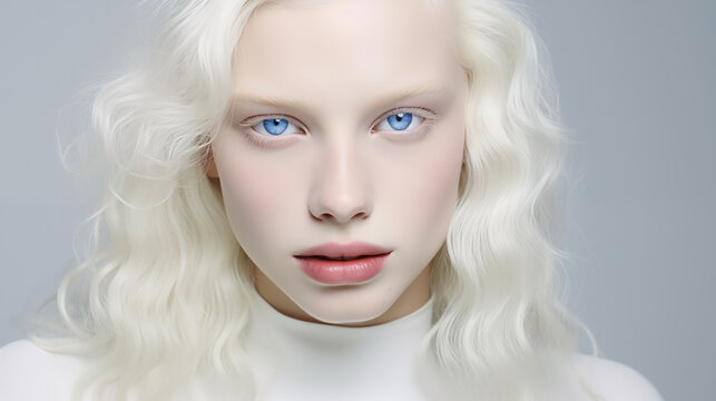 Beautiful albino teen girl with curly hair, naive facial expression and plump lips close-up. Natural beauty with glowing healthy skin. Advertising of cosmetics, perfumes