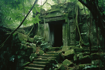 An ancient temple hidden in the dense jungle foliage.