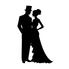 Victorian man and woman silhouette. Vector illustration couple wedding dancing dance ball Gentleman and lady retro