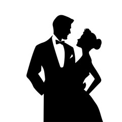 Victorian man and woman silhouette. Vector illustration couple wedding dancing dance ball Gentleman and lady retro - obrazy, fototapety, plakaty